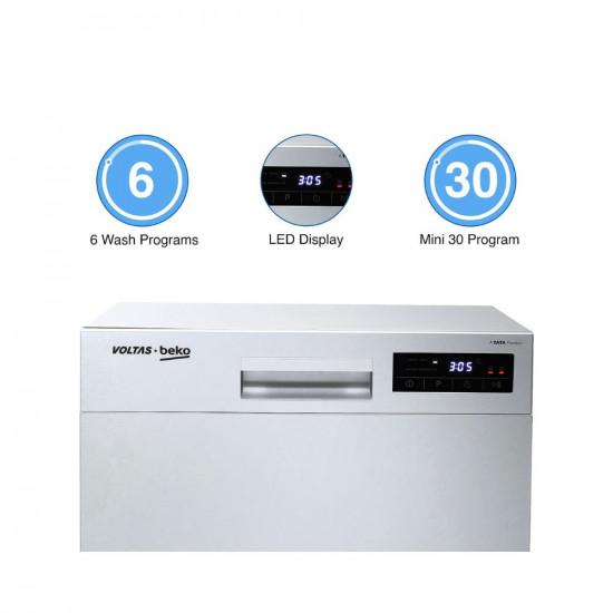 Voltas Beko 8 Place Settings Table Top Dishwasher (DT8S, Silver, Inbuilt Heater)
