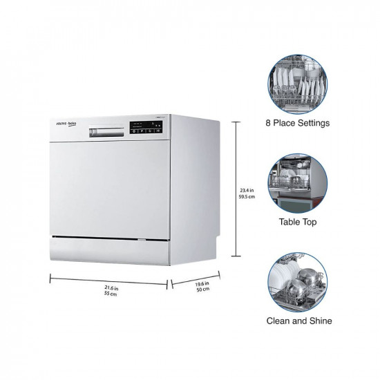 Voltas Beko 8 Place Settings Table Top Dishwasher (DT8S, Silver, Inbuilt Heater)
