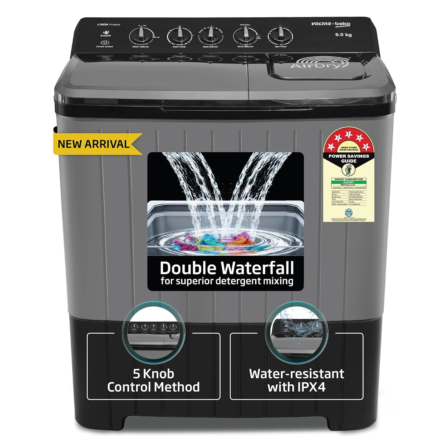 Voltas Beko 9 kg Semi Automatic Top Load Washing Machine WTT90UHAOK5B1B1S23 Black