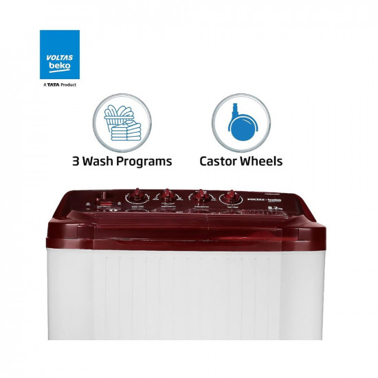 Voltas beko, A Tata Product 8.2 Kg Semi-Automatic Top Load Washing machine, (WTT82, Burgundy, 2023 Model, Fast Dry)
