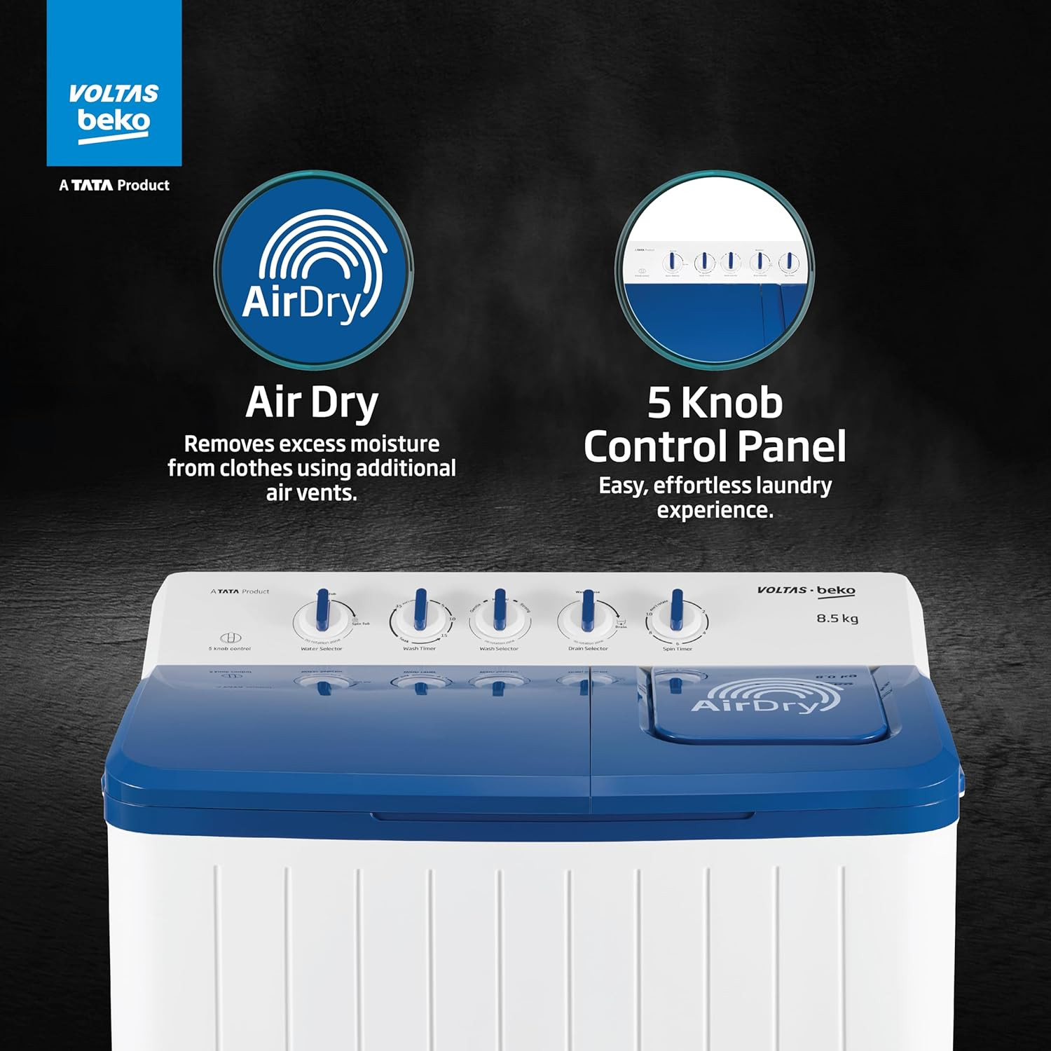 Voltas Beko A Tata Product 85 Kg 5 Star Semi-Automatic Top Loading Washing Machine WTT85UHAOK5I0I0W01 Blue Air Dry  Pulsator wash technology