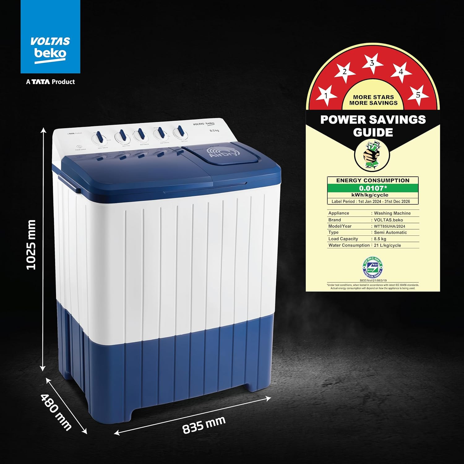 Voltas Beko A Tata Product 85 Kg 5 Star Semi-Automatic Top Loading Washing Machine WTT85UHAOK5I0I0W01 Blue Air Dry  Pulsator wash technology