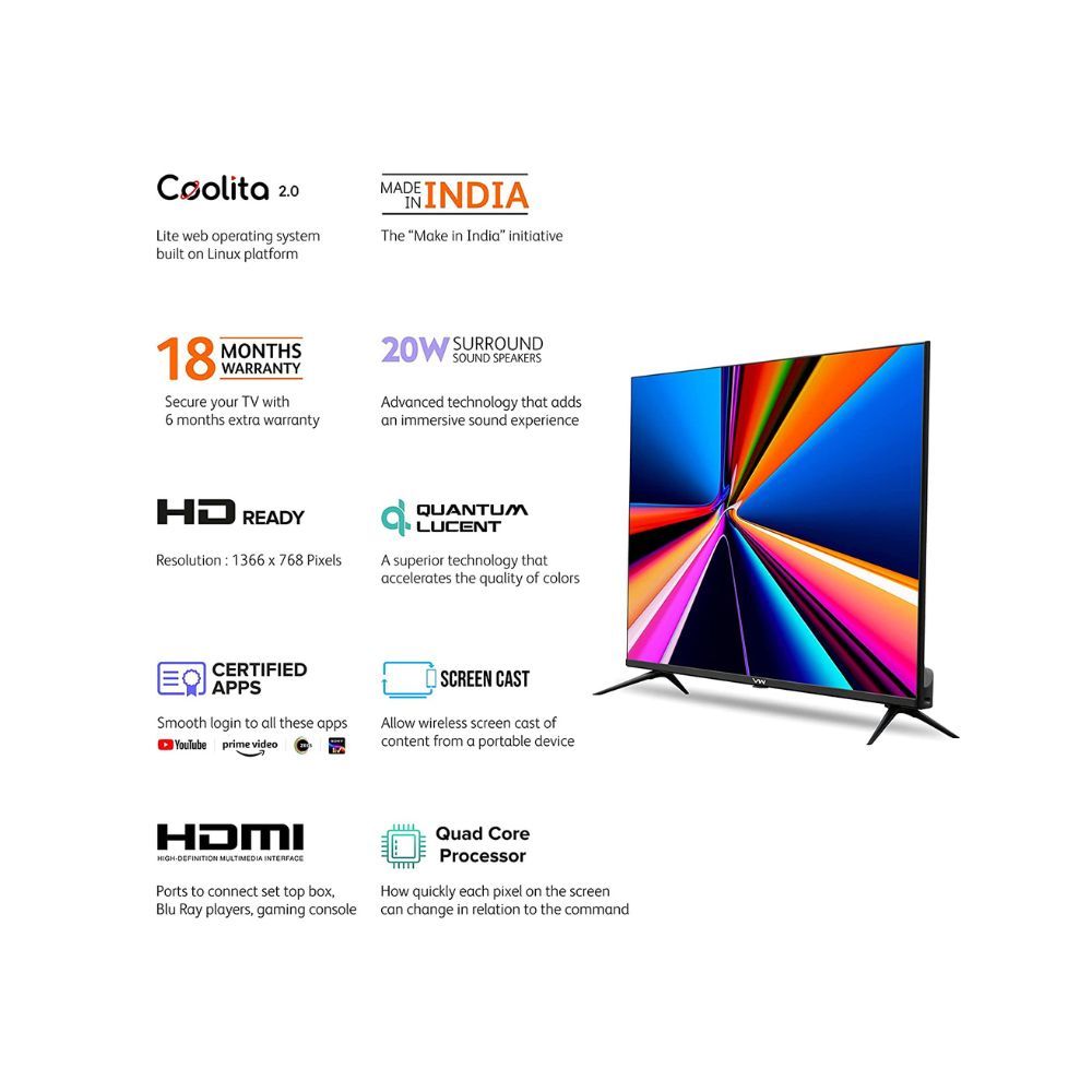 VW 80 cm (32 inches) Linux Series Frameless HD Ready Smart LED TV VW32C2 (Black)