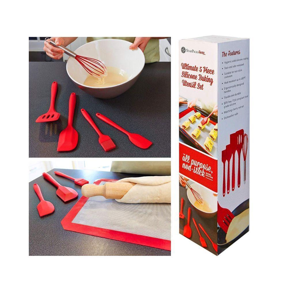 we3 spatulas Set Premium Silicone Kitchen Utensils Set (Utensil 5 Piece) in Hygienic Solid Coating (Utensil RED)