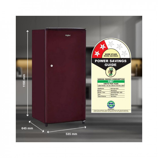 Whirlpool 184 L 2 Star Direct-Cool Single Door Refrigerator (205 WDE CLS 2S SHERRY WINE-Z, Sherry Wine, Large Vegetable Box, 2023 Model)