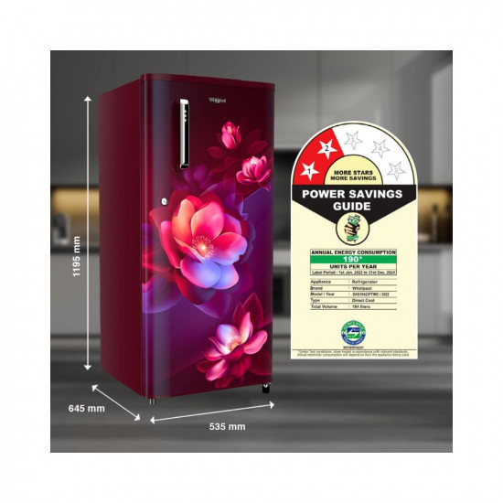 Whirlpool 184 L 2 Star Direct Cool Single Door Refrigerator 205 WDE PRM 2S WINE BLOOM Z