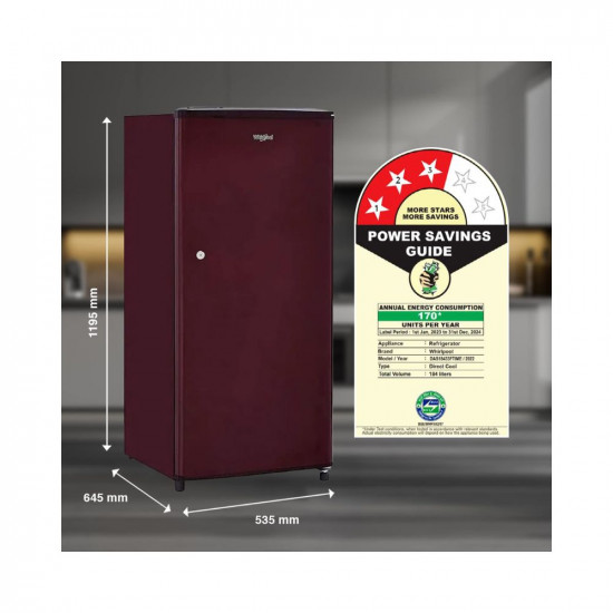 Whirlpool 184 L 3 Star Direct Cool Single Door Refrigerator 205 WDE CLS 3S SHERRY WINE Z