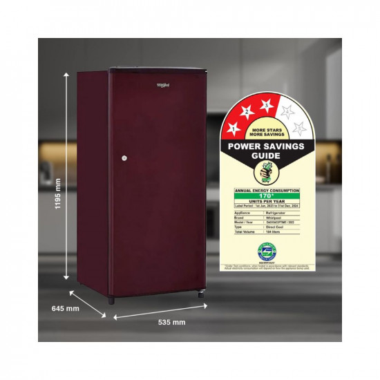 Whirlpool 184 L 3 Star Direct-Cool Single Door Refrigerator (205 WDE CLS 3S SHERRY WINE-Z, Red, 2023 Model)