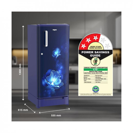 Whirlpool 184 L 3 Star Direct-Cool Single Door Refrigerator (205 WDE ROY 3S SAPPHIRE RADIANCE-Z, Base Stand with Drawer, 2023 Model)