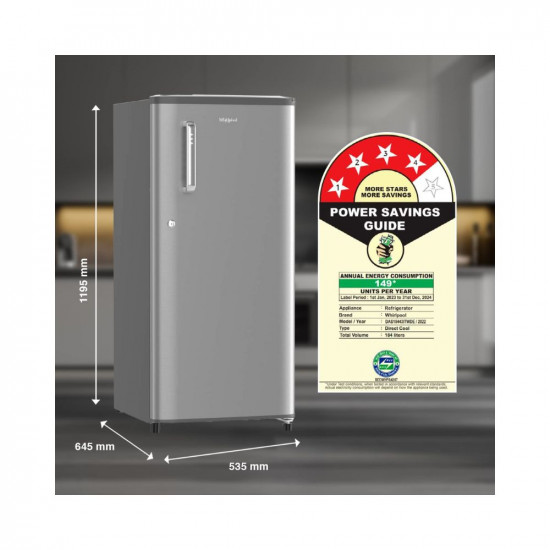 Whirlpool 184 L 4 Star Inverter Direct-Cool Single Door Refrigerator (205 WDE PRM 4S Inv MAGNUM STEEL-Z, Magnum Steel,Grey, 2023 Model)