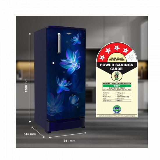 Whirlpool 184 L 4 Star Inverter Direct Cool Single Door Refrigerator 205 WDE ROY 4SInv SAPPHIRE FLOWER RAIN Z