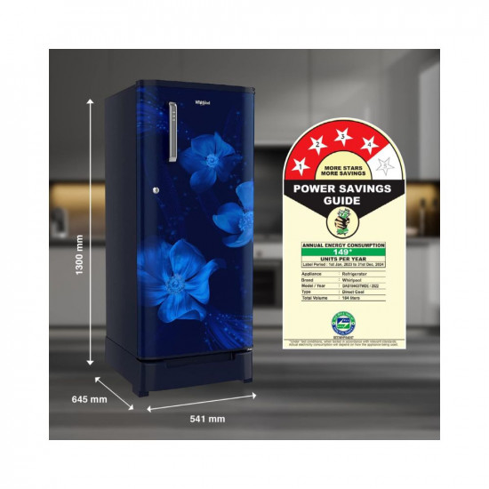 Whirlpool 184 L 4 Star Inverter Direct-Cool Single Door Refrigerator WDE 205 ROY 4S INV SAPPHIRE MAGNOLIA-Z, Blue, Base Stand with Drawer, 2023 Model)