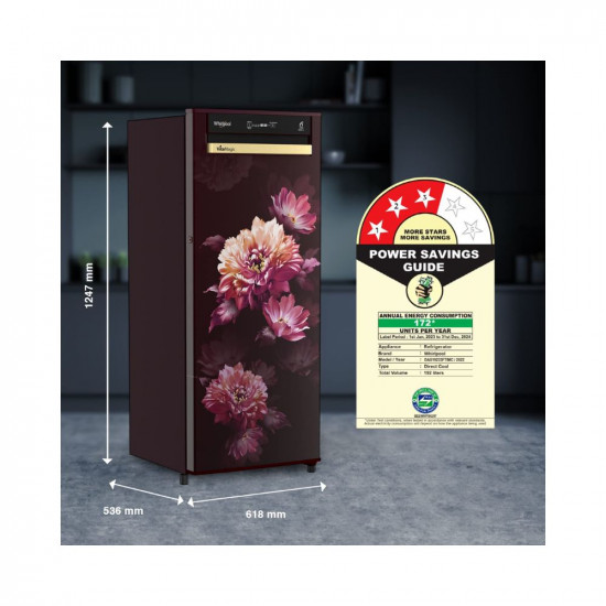 Whirlpool 192 L 3 Star Auto-Defrost Inverter Vitamagic Pro Direct-Cool Single Door Refrigerator (215 VMPRO PRM 3S INV WINE DAFNE-Z, 2023 Model)