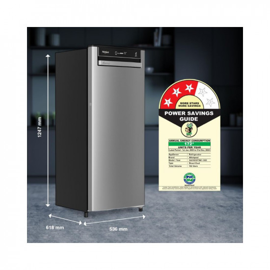 Whirlpool 192 L 3 Star Vitamgic Pro Inverter Direct Cool Single Door Refrigerator 215 VMPRO PRM 3S INV ALPHA STEEL Z