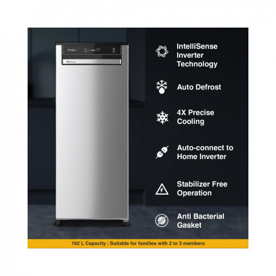 Whirlpool 192 L 3 Star Vitamgic Pro Inverter Direct-Cool Single Door Refrigerator (215 VMPRO PRM 3S INV ALPHA STEEL-Z, ALPHA Steel, Auto Defrost Technology, 2023 Model)