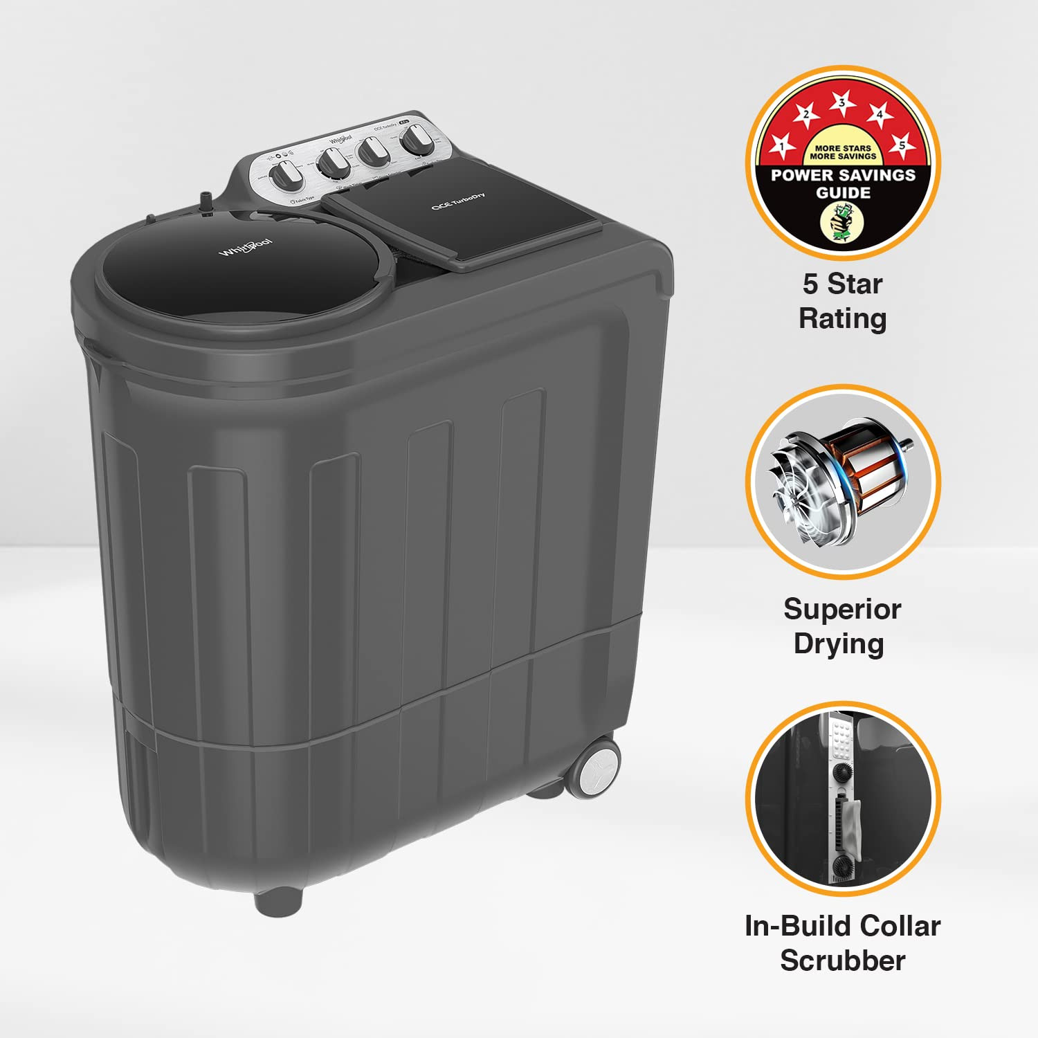 Whirlpool 9kg 5 Star Semi-Automatic Top Loading Washing Machine Ace 90 Grey Dazzle 10Yr -NH 10 Min Quick Drying Turbo dry Technology
