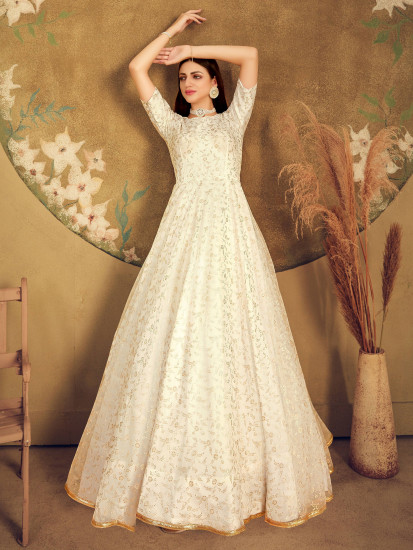 White Metallic Foil Work Net Party Wear Gown
