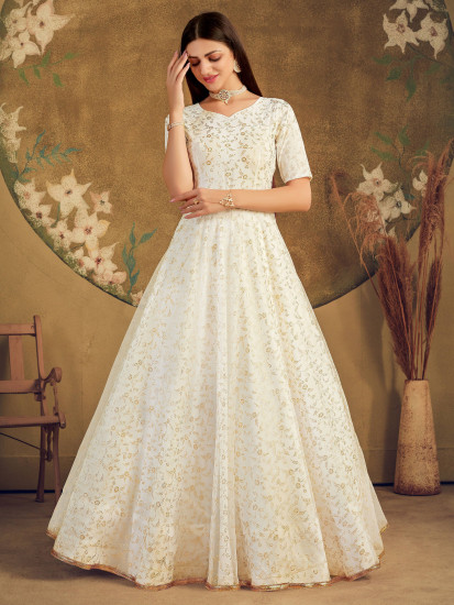 White Metallic Foil Work Net Party Wear Gown
