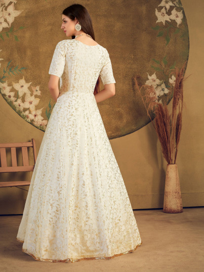 White Metallic Foil Work Net Party Wear Gown