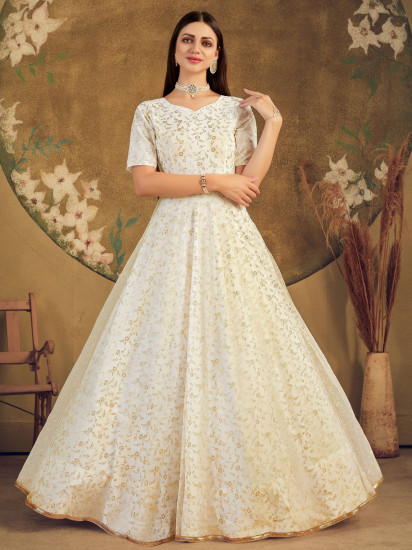 White Metallic Foil Work Net Party Wear Gown