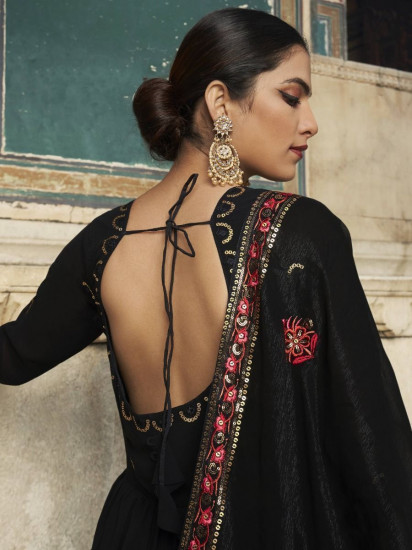 Winsome Black Sequined Embroidery Georgette Wedding Wear Gown