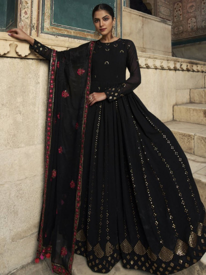Winsome Black Sequined Embroidery Georgette Wedding Wear Gown