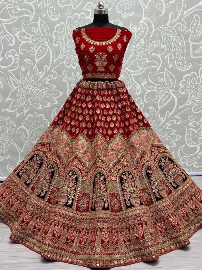 Winsome Red Multi-Work Velvet Bridal Lehenga Choli
Semi Stitched
