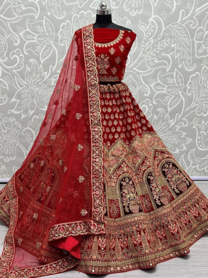 Winsome Red Multi-Work Velvet Bridal Lehenga Choli
Semi Stitched