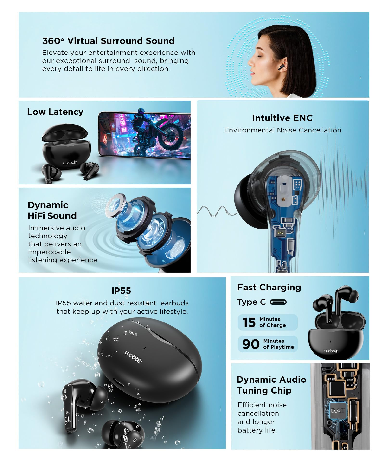 Wobble Beans E08 TWS Intuitive Enc Earbuds with 12Mm DriverQuad MicsDAT Chip360 Surround SoundLow Latency GamingIp55 RatedBluetooth 53Touch  Voice ControlsPlayback Upto 35Hrs-in Ear