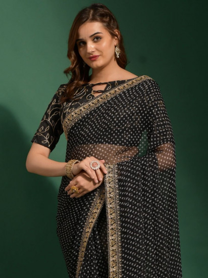 Wonderful Black Thread Embroidered Chiffon Party Wear Saree(Un-Stitched)