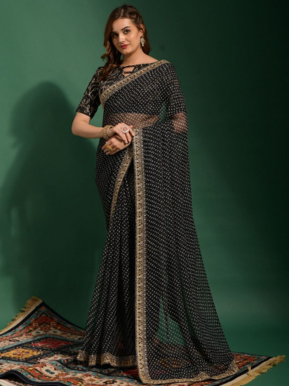 Wonderful Black Thread Embroidered Chiffon Party Wear Saree(Un-Stitched)