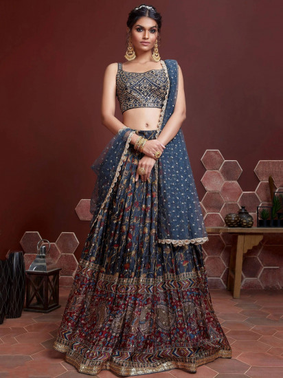 Wonderful Blue Digital Print Embroidery Chinon Silk Party Wear Lehenga Choli
Semi Stitched