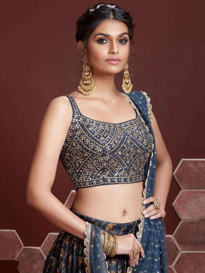 Wonderful Blue Digital Print Embroidery Chinon Silk Party Wear Lehenga Choli
Semi Stitched