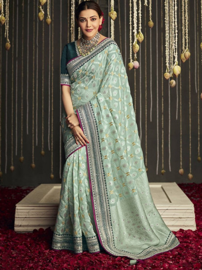 Wonderful Creamy Green Fancy Silk Embroidered Wedding Wear Saree(Un-Stitched)