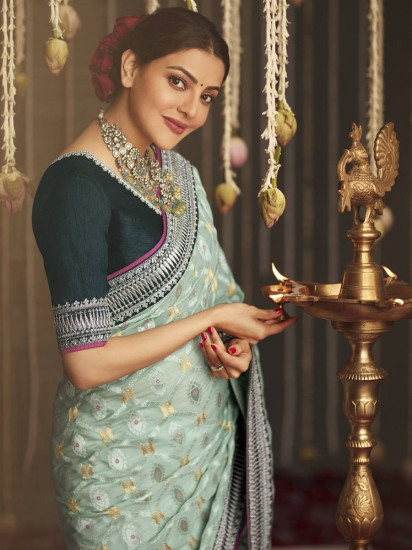 Wonderful Creamy Green Fancy Silk Embroidered Wedding Wear Saree(Un-Stitched)