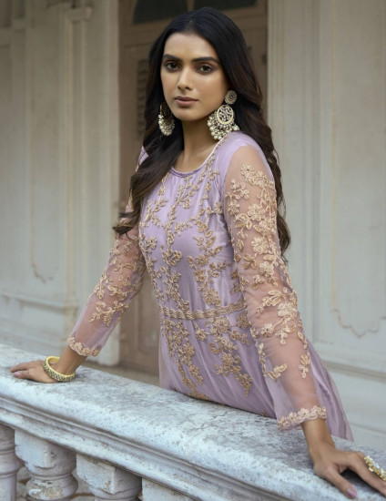 Wonderful Lilac Dori Embroidered Net Festive Wear Salwar Kameez