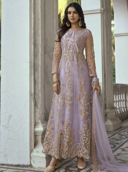 Wonderful Lilac Dori Embroidered Net Festive Wear Salwar Kameez