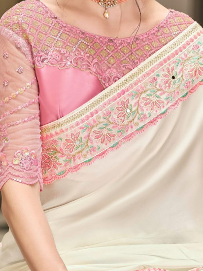 Wonderful Off White Sequins Embroidery Silk Saree With Blouse(Un-Stitched)