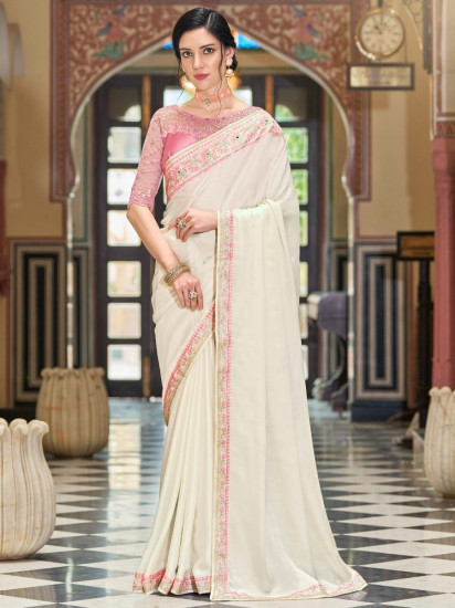 Wonderful Off White Sequins Embroidery Silk Saree With Blouse(Un-Stitched)
