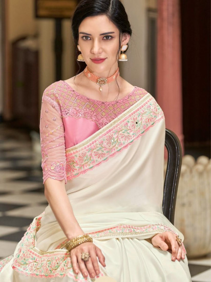 Wonderful Off White Sequins Embroidery Silk Saree With Blouse(Un-Stitched)