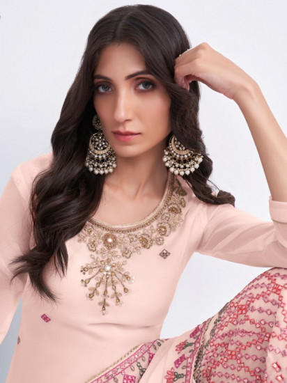 Wonderful Peach Thread Embroidery Georgette Sharara Suit