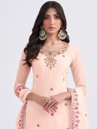 Wonderful Peach Thread Embroidery Georgette Sharara Suit