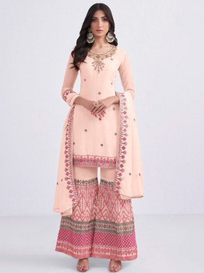 Wonderful Peach Thread Embroidery Georgette Sharara Suit