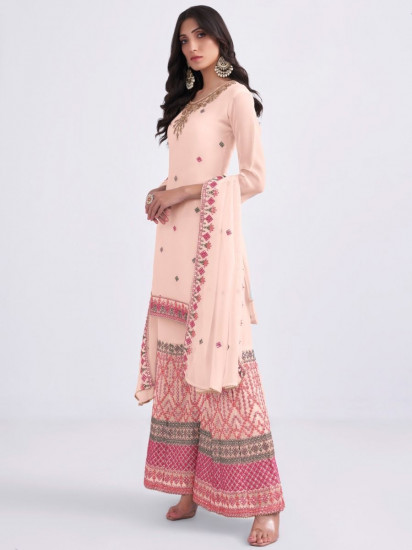 Wonderful Peach Thread Embroidery Georgette Sharara Suit