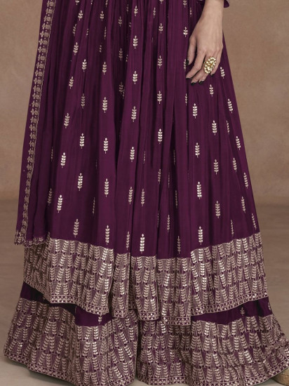 Wonderful Wine Color Sequined Georgette Party Wear Palazzo Suit