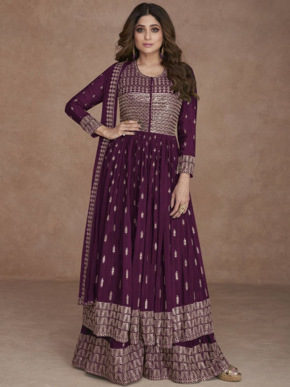 Wonderful Wine Color Sequined Georgette Party Wear Palazzo Suit
