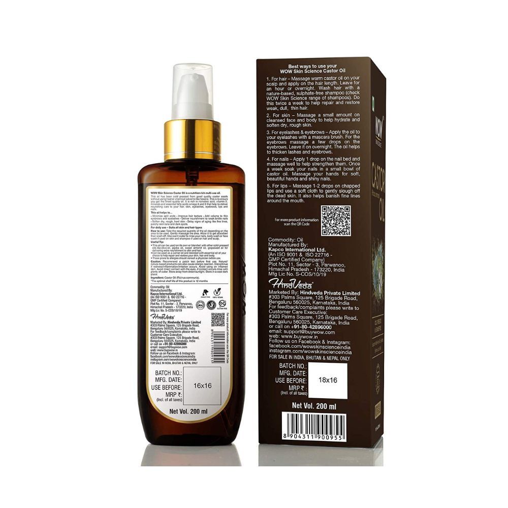 Wow Skin Science 100% Pure Castor Oil - Cold Pressed - For Stronger Hair