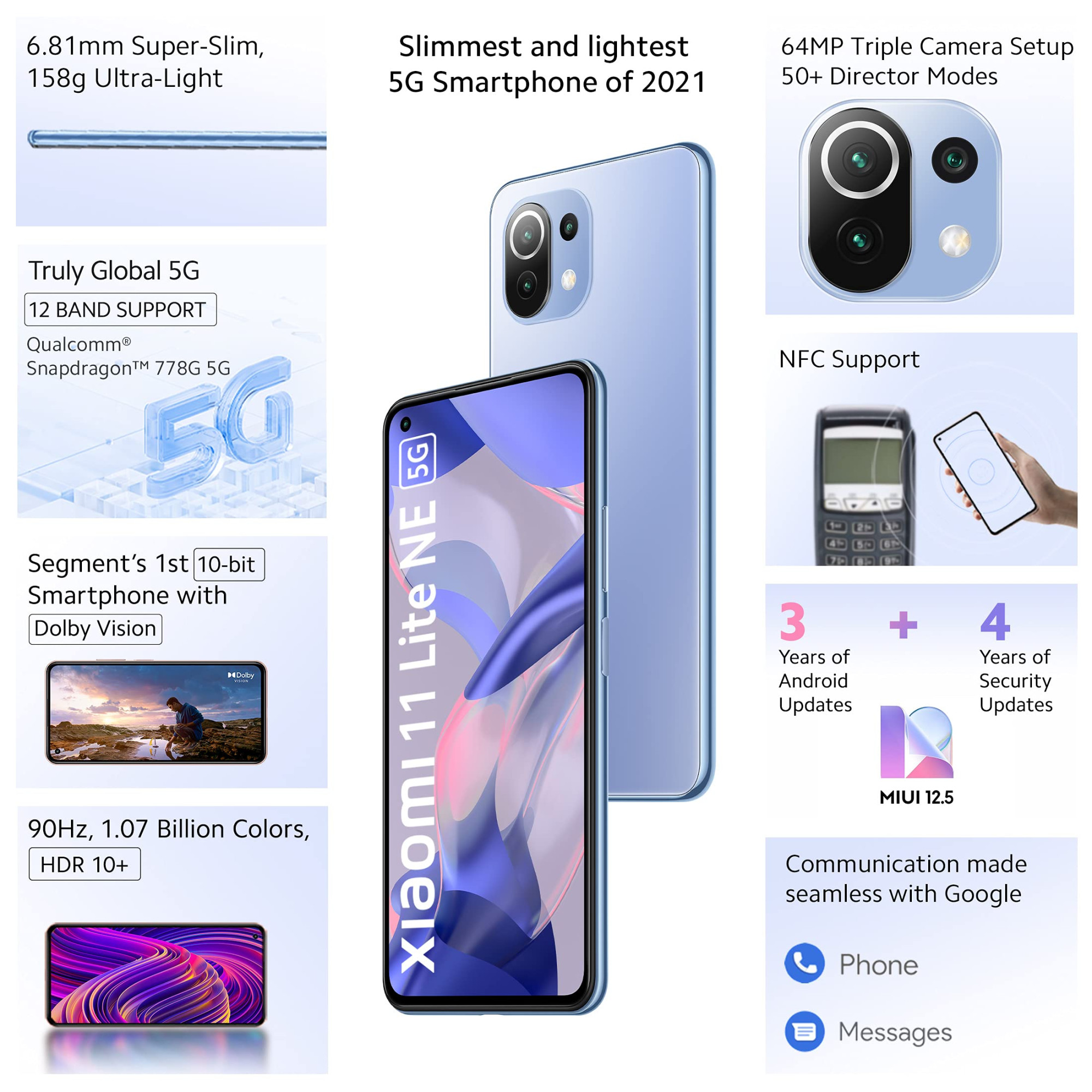 Xiami 11 Lite NE Jazz Blue 8GB RAM 128GB  Slimmest 681mm  Lightest 158g 5G Smartphone  10-bit AMOLED with Dolby Vision  SD778 for 12 5G Bands