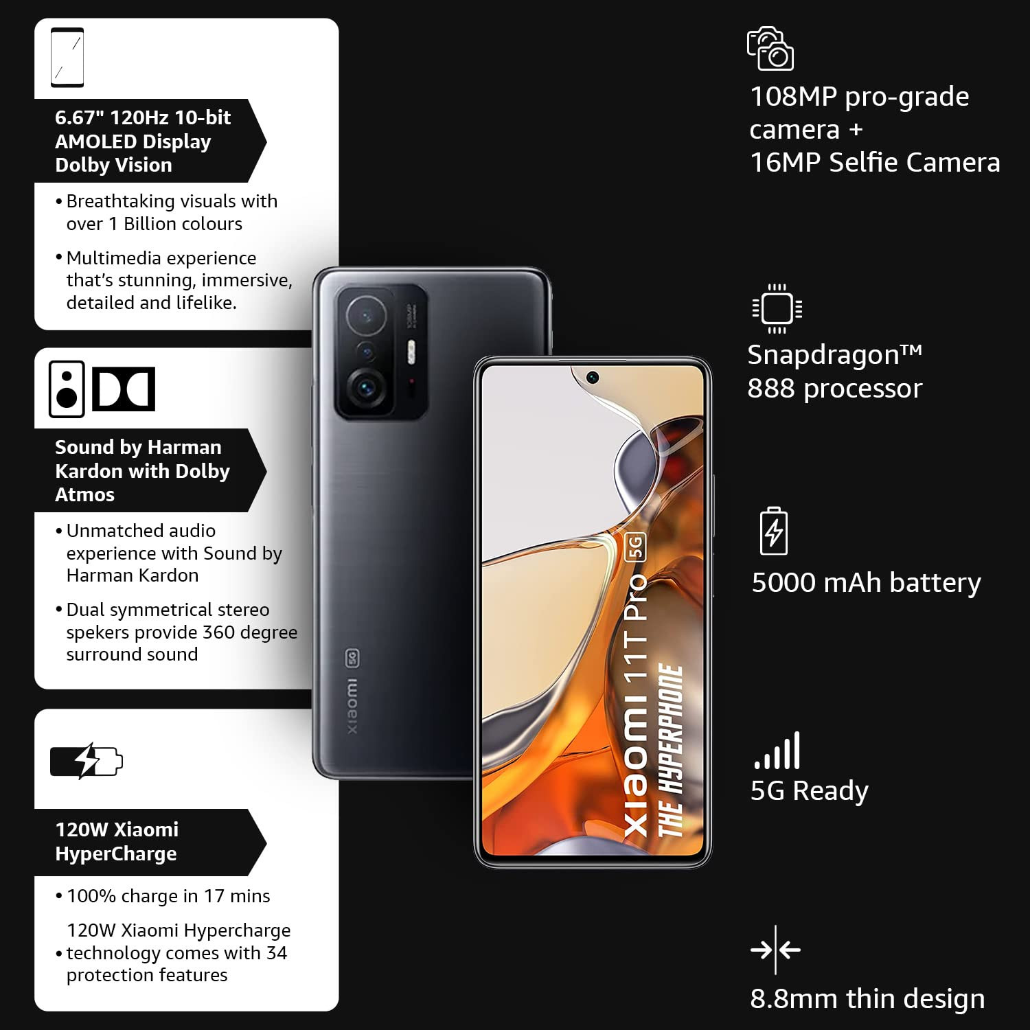 Xiaomi 11T Pro 5G Hyperphone Meteorite Black 8GB RAM 256GB Storage SD 888120W HyperChargeSegments only Phone with Dolby VisionDolby Atmos