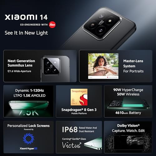Xiaomi 14 Black 12GB RAM 512GB Storage  50MP Leica Professional Optics  120 Hz 15K LTPO AMOLED  SD 8 Gen 3 Hyper OS